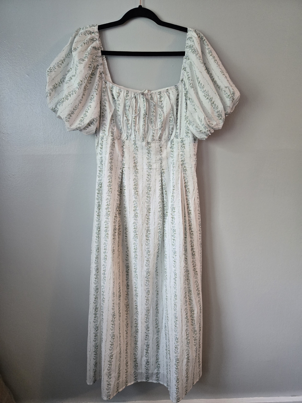Storia Floral Puff Sleeve Midi Dress XL Square Neck Cottagecore Boho White Green
